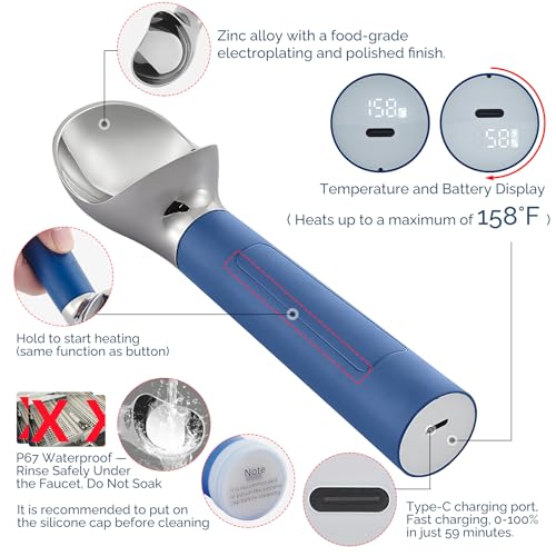 FrostJoy Heated Ice Cream Scoop Rechargeable, Electric Warming Ice Cream Scooper with LED Display, Heats to 158°F for Hard Ice Cream, Easy for Seniors & Kids, IP67 Waterproof (Blue, 2 oz) - Image 3