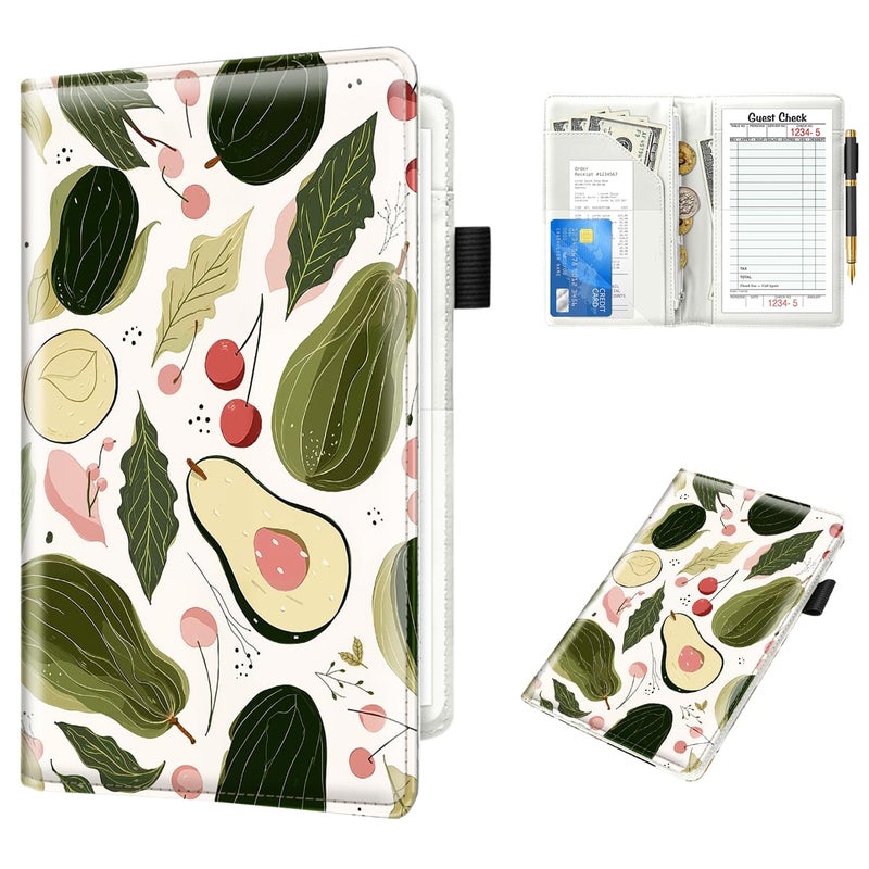 WAVEYU Cute Server Books for Waitress Waiter, Leather Guest Book Note Pad with Zipper, Money Organizer Wallet, Cash Check Bill Receipt Holder Presenter, 8x5 inch, Avocado Pattern - Image 1