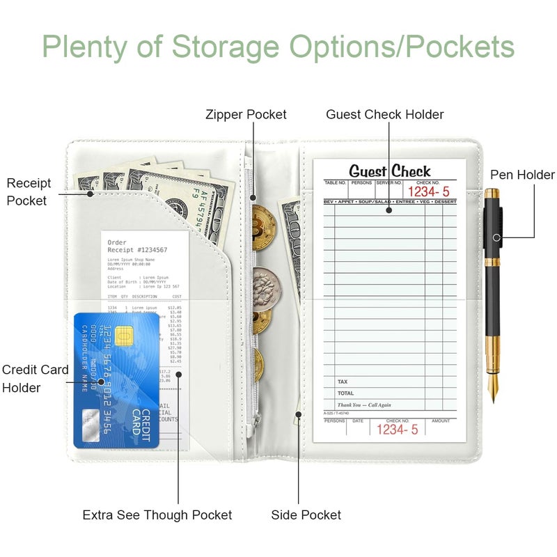 WAVEYU Cute Server Books for Waitress Waiter, Leather Guest Book Note Pad with Zipper, Money Organizer Wallet, Cash Check Bill Receipt Holder Presenter, 8x5 inch, Avocado Pattern - Image 2