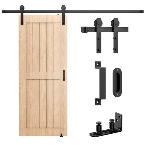 Signstek 6.6FT Sliding Barn Door Hardware Kit, Heavy Duty Whole Set (Includes Adjustable Floor Guide, 2 Handles and Dook Hook) -Smoothly and Quietly, Fit 36"-40" Wide Door Panel -Black, I Shape Hanger - Image 1