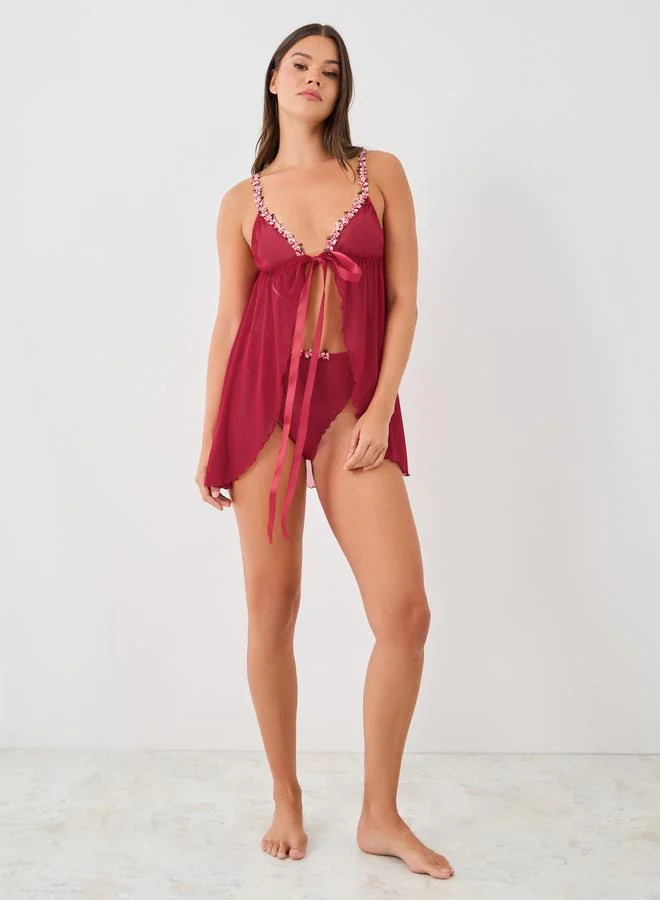 Styli Styli Floral Lace Edge Detail Front Open Babydoll with Briefs