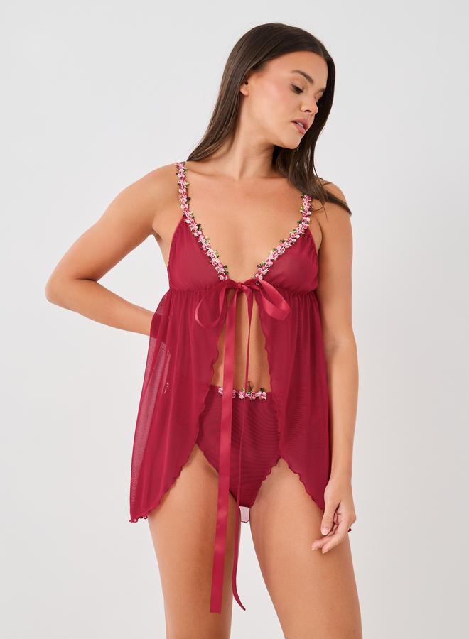 Styli Floral Lace Edge Detail Front Open Babydoll with Briefs - Image 2