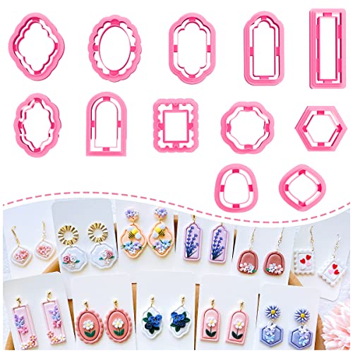 KEOKER Polymer Clay Cutters - Frame Clay Cutters, Boho Polymer Clay Cutters for Earrings Jewelry Making, 12 Shapes Window Clay Earrings Cutters(Embossing) - Image 1