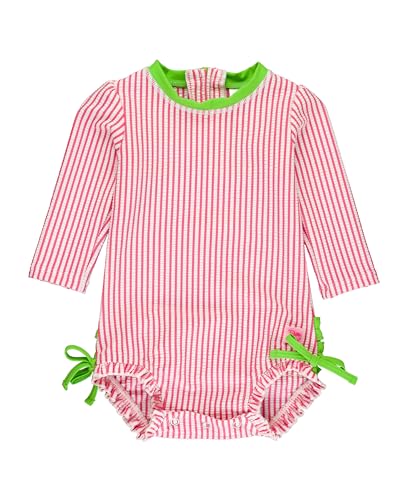 RuffleButts BabyGirls Seersucker Long Sleeve Rash Guard One Piece Swimsuit UPF 50 Toddler - Image 1