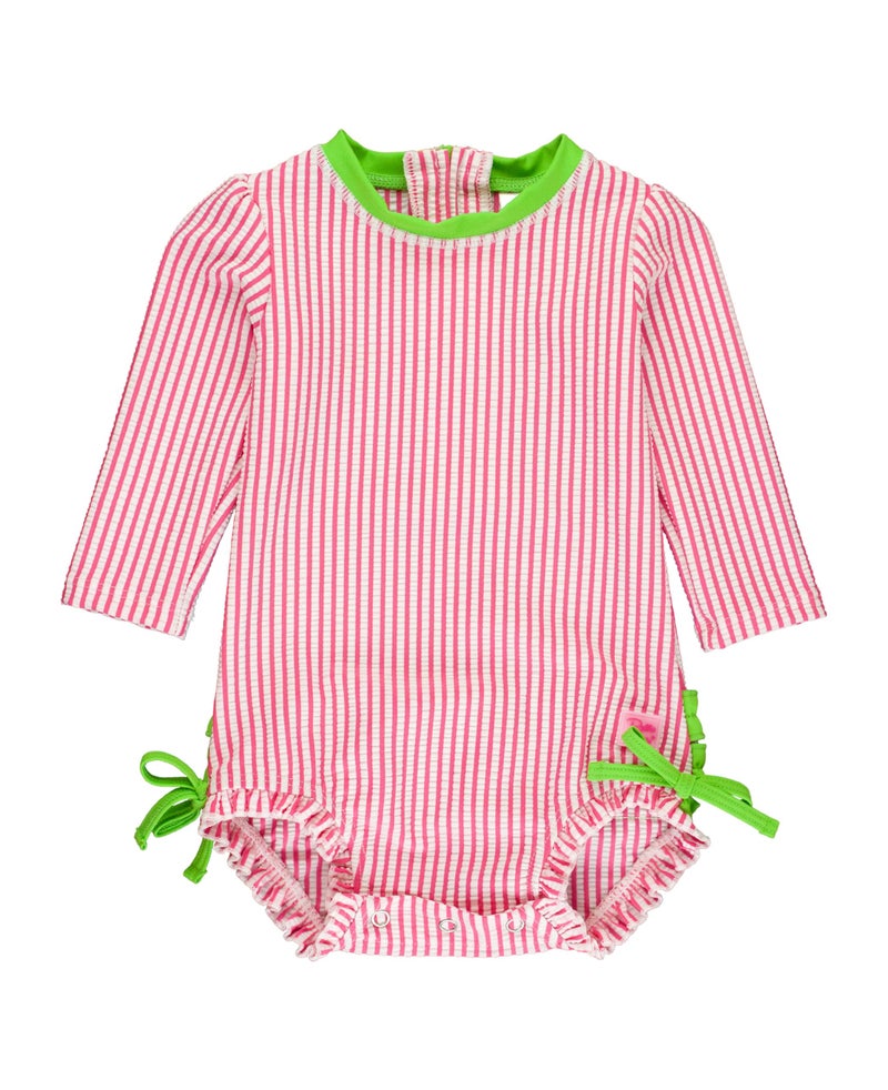 RuffleButts BabyGirls Seersucker Long Sleeve Rash Guard One Piece Swimsuit UPF 50 Toddler - Image 2