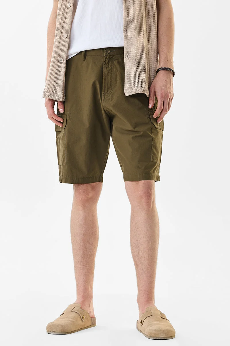 SNITCH Regular Fit Cotton Dark Olive Shorts