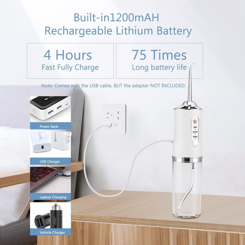 Wireless Oral Irrigator, Cordless Water Dental Floss for Teeth with 3 Modes & 4 Replacement Nozzles, Interdental Cleaner Rechargeable with Removable 230 ml Water Tank for Home, Travel, Shower (White) - Image 4