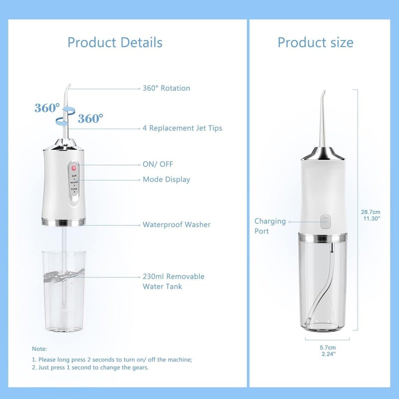 Wireless Oral Irrigator, Cordless Water Dental Floss for Teeth with 3 Modes & 4 Replacement Nozzles, Interdental Cleaner Rechargeable with Removable 230 ml Water Tank for Home, Travel, Shower (White) - Image 5