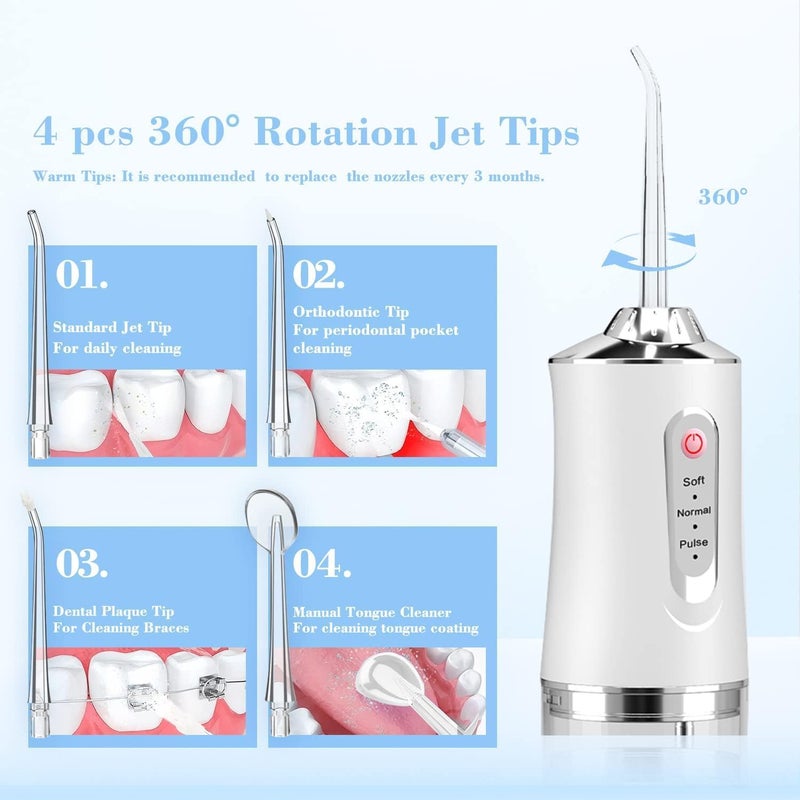 Wireless Oral Irrigator, Cordless Water Dental Floss for Teeth with 3 Modes & 4 Replacement Nozzles, Interdental Cleaner Rechargeable with Removable 230 ml Water Tank for Home, Travel, Shower (White) - Image 3