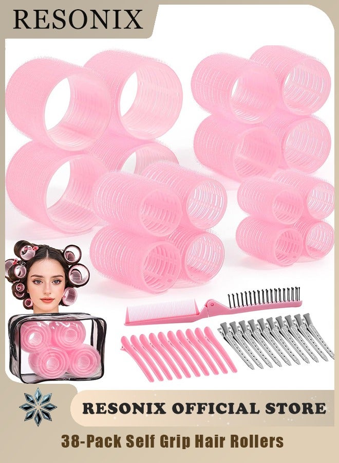 ريزونيكس 24 بكرة شعر ذاتية الإمساك بالقطعة مع 12 مشابك ومشط، مكعبات شعر بدون حرارة للشعر الطويل والقصير، مكعبات تجفيف بالحجم 4 أحجام مع كيس تخزين -مجموعة تصميم صالون مقاوم للحرارة (وردي) - Image 1