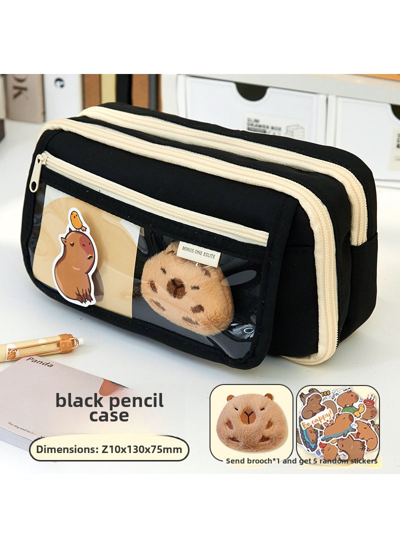 Generic - New capabala pencil case female primary school student girl High-looking large capacity stationery box junior high school student children Girl[Dolphin door forever] 9-layer black pencil case +5 stickers +1 brooch [Dolphin door forever] 9-layer black pencil case +5 stickers +1 brooch - Image 1