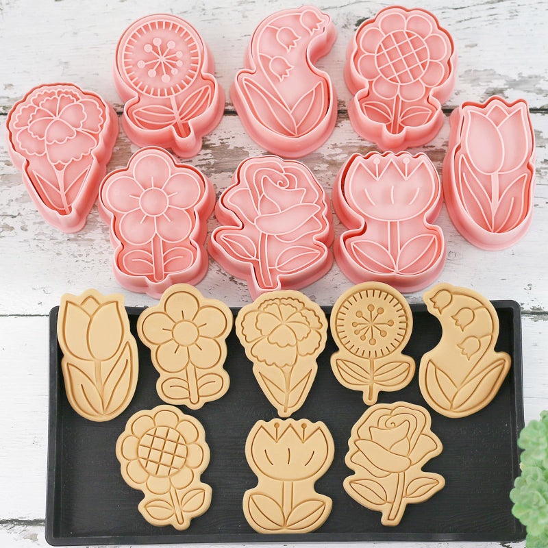 Lutoku 8 Flower Cookie Cutter, 3D Spring Floral Cookie Cutters with Lily of the Valley, Sunflower, Carnation,Tulip,Rose Shapes, Homemake Baking Tools for Mother's Day, Valentine, Holiday DIY Cookies (Flower) - Image 1