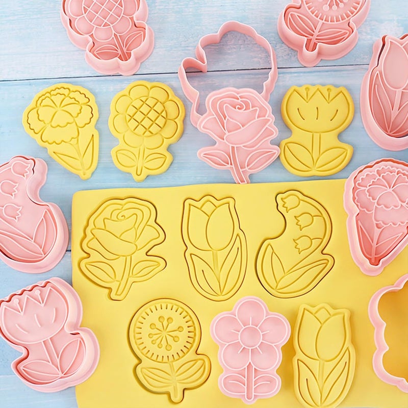 Lutoku 8 Flower Cookie Cutter, 3D Spring Floral Cookie Cutters with Lily of the Valley, Sunflower, Carnation,Tulip,Rose Shapes, Homemake Baking Tools for Mother's Day, Valentine, Holiday DIY Cookies (Flower) - Image 5