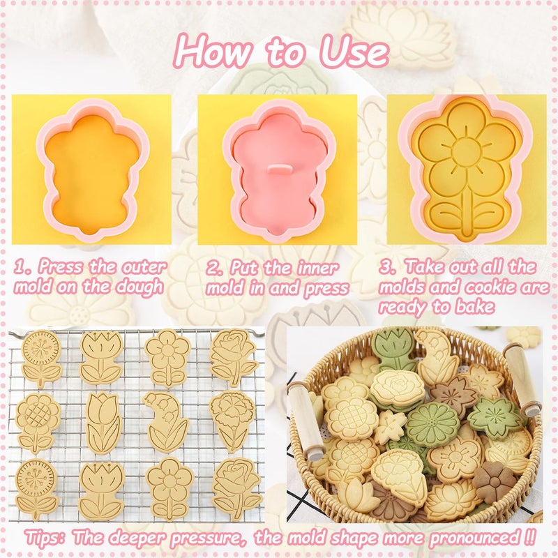 Lutoku 8 Flower Cookie Cutter, 3D Spring Floral Cookie Cutters with Lily of the Valley, Sunflower, Carnation,Tulip,Rose Shapes, Homemake Baking Tools for Mother's Day, Valentine, Holiday DIY Cookies (Flower) - Image 3