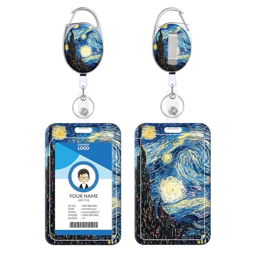COUKASO Retractable Badge Holder, Cute Print Pattern Belt Clip Badge Reel with Keychain, Name Tag Work Vertical Id Card Protector for Nurse Medical Teacher Student (Art Night Painting) - Image 1