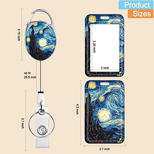 COUKASO Retractable Badge Holder, Cute Print Pattern Belt Clip Badge Reel with Keychain, Name Tag Work Vertical Id Card Protector for Nurse Medical Teacher Student (Art Night Painting) - Image 2