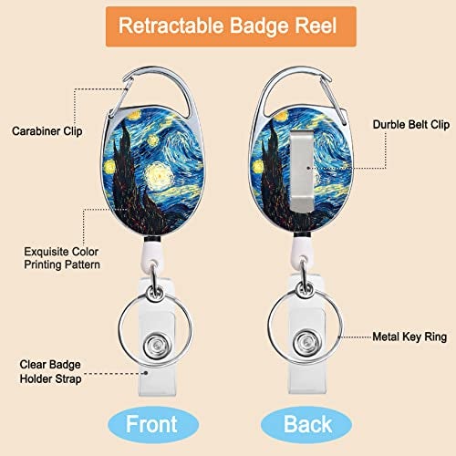 COUKASO Retractable Badge Holder, Cute Print Pattern Belt Clip Badge Reel with Keychain, Name Tag Work Vertical Id Card Protector for Nurse Medical Teacher Student (Art Night Painting) - Image 4