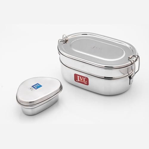 JVL Stainless Steel 2 Tier Capsule Lunch Box with Leakproof Container Large (650+600+150ml) - Image 1