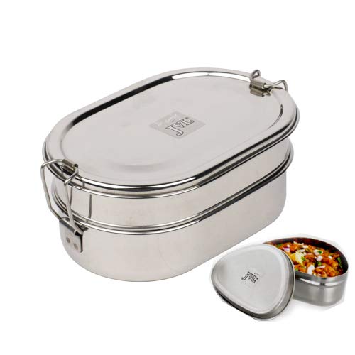 JVL Stainless Steel 2 Tier Capsule Lunch Box with Leakproof Container Large (650+600+150ml) - Image 4