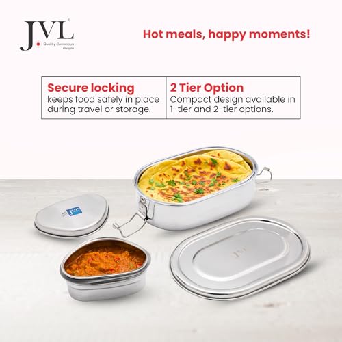 JVL Stainless Steel 2 Tier Capsule Lunch Box with Leakproof Container Large (650+600+150ml) - Image 5