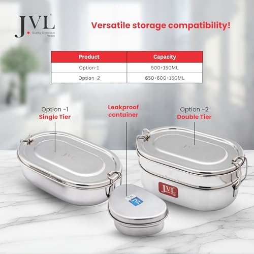 JVL Stainless Steel 2 Tier Capsule Lunch Box with Leakproof Container Large (650+600+150ml) - Image 2