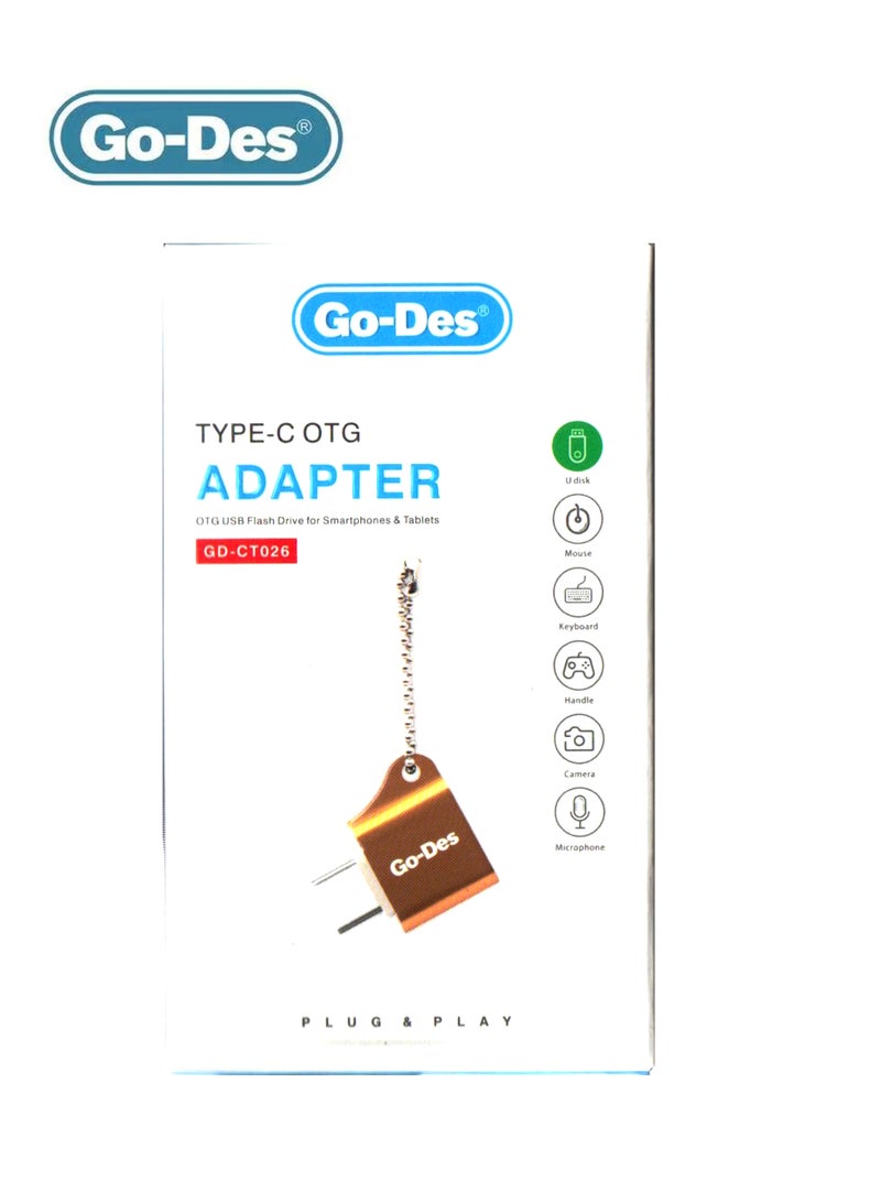 Go-Des Type C to USB OTG Adapter With Keychain GD-CT026 - Gold - Image 1