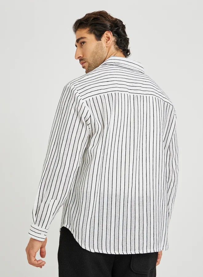 Styli Yarn Dyed Striped Long Sleeve Relaxed Fit Shirt with Flap Pockets