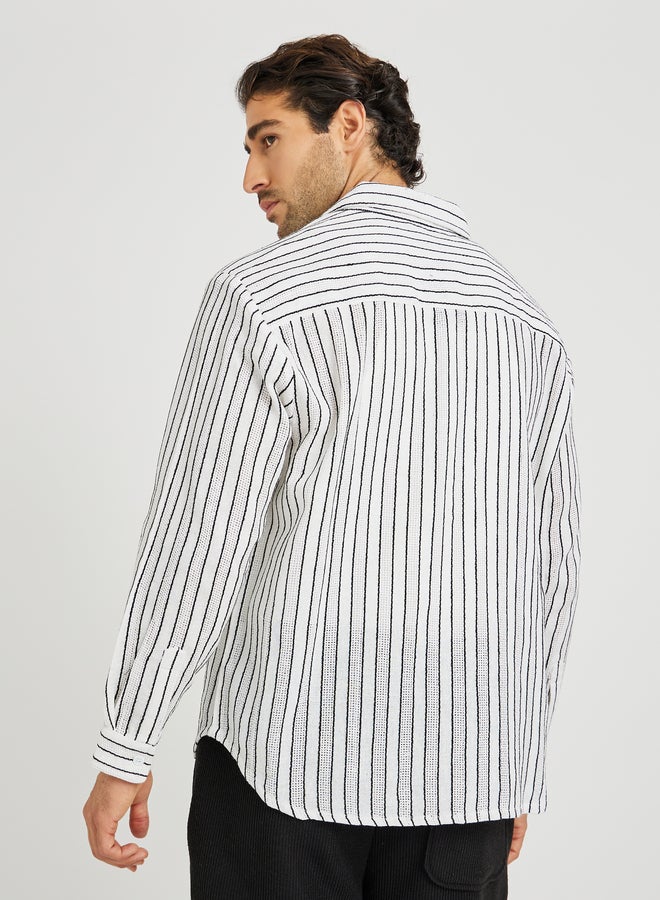 Styli Yarn Dyed Striped Long Sleeve Relaxed Fit Shirt with Flap Pockets  - Image 4
