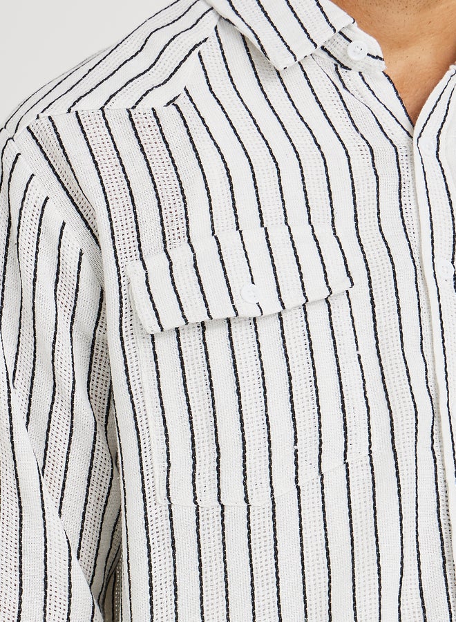 Styli Yarn Dyed Striped Long Sleeve Relaxed Fit Shirt with Flap Pockets  - Image 3