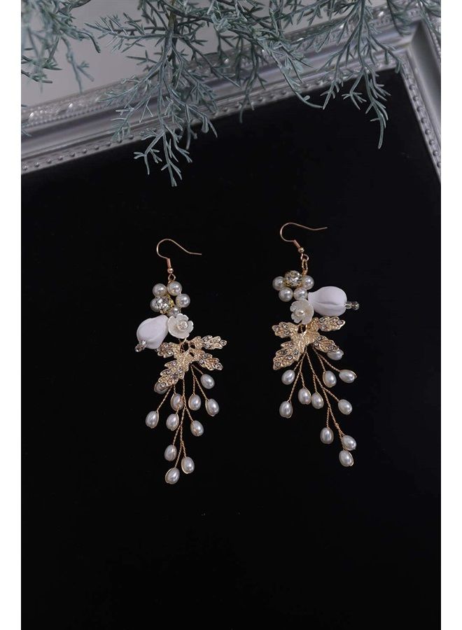 Denifery Handmade Earrings Flower Chandelier Earrings Bridal Earrings Flower Leaf Earrings Pearl Wedding Dangle Earrings Statement Rhinestone Earrings Jewelry for Wedding Party Daily Wear (Style 3) - Image 2