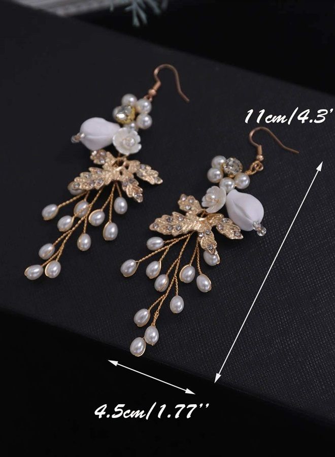 Denifery Handmade Earrings Flower Chandelier Earrings Bridal Earrings Flower Leaf Earrings Pearl Wedding Dangle Earrings Statement Rhinestone Earrings Jewelry for Wedding Party Daily Wear (Style 3) - Image 3