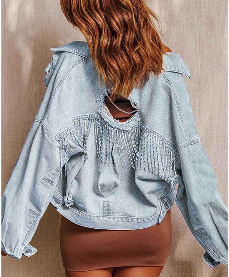 klarako Woman Denim Jacket, Comfortable Denim Jacket Stylish Hole Design for Shopping - Image 2