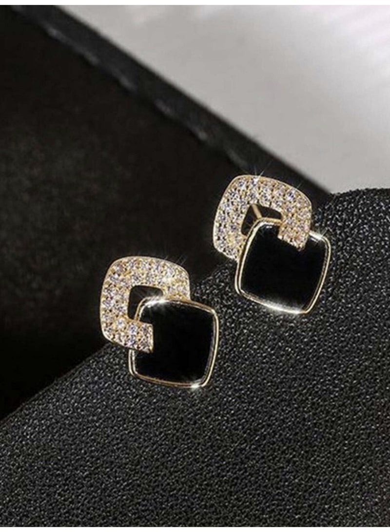 ڤيا أقراط نسائية هندسية فاخرة باللونين الأسود والكريستالي - Image 1