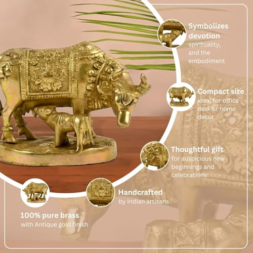 Pick End Now Kamdhenu Cow with Calf Sculpture Brass Statue, Nandi Cow Sculpture | Product Dimensions- 5.2x2.3x4 Inch, 900gm - Image 2