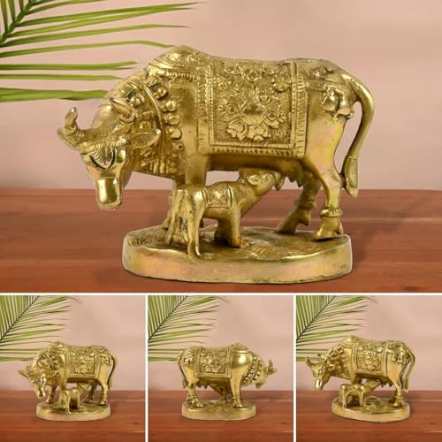 Pick End Now Kamdhenu Cow with Calf Sculpture Brass Statue, Nandi Cow Sculpture | Product Dimensions- 5.2x2.3x4 Inch, 900gm - Image 3