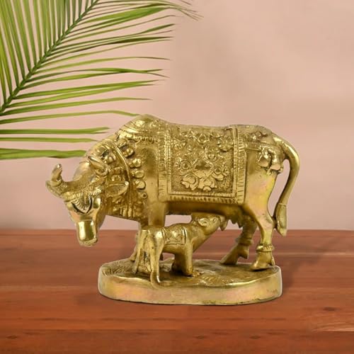 Pick End Now Kamdhenu Cow with Calf Sculpture Brass Statue, Nandi Cow Sculpture | Product Dimensions- 5.2x2.3x4 Inch, 900gm - Image 1
