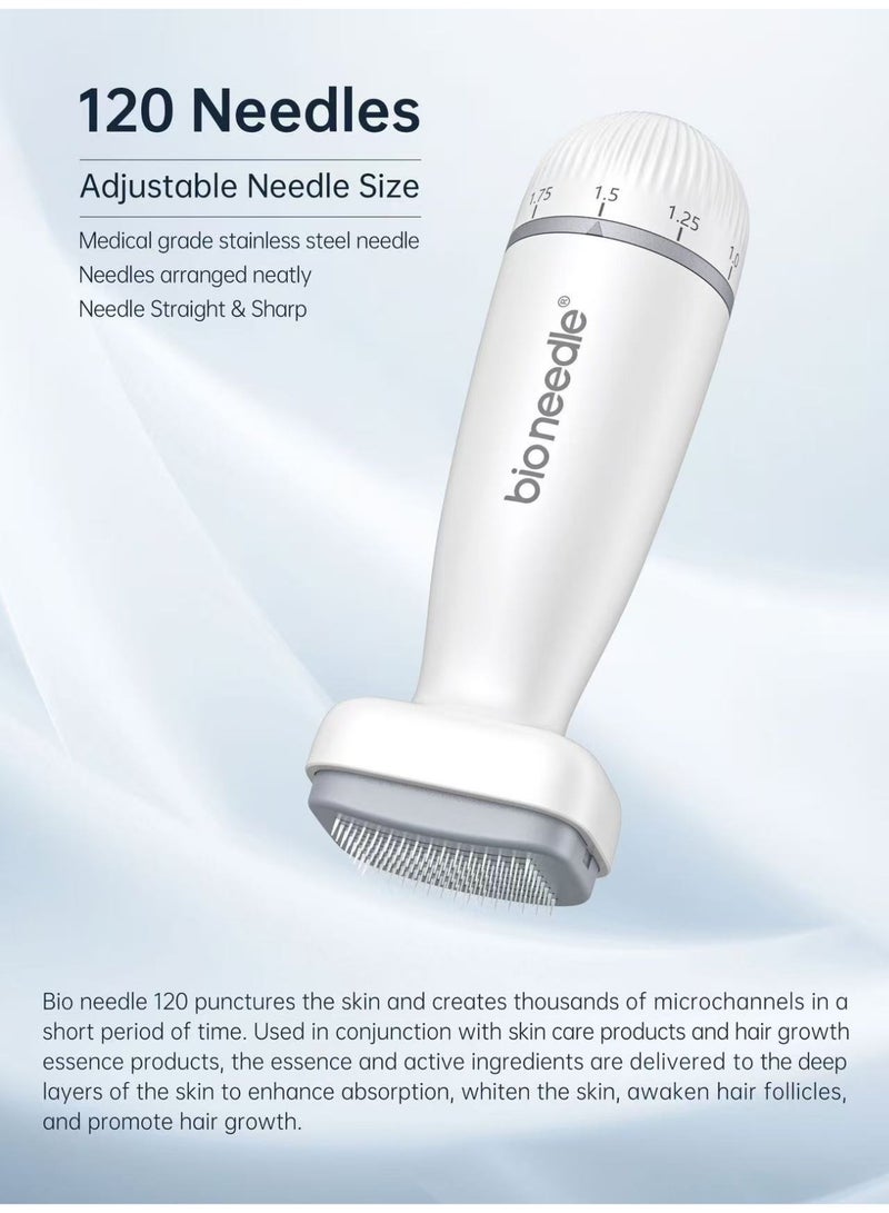 بيو نيدل طابع ديرما قابل للتعديل من Bio Needle 120 | عمق إبر قابل للتعديل من 0 إلى 2 ملم | 120 إبرة من الفولاذ المقاوم للصدأ الطبي | أداة ميكرو نيدل للوجه وفروة الرأس واللحية والجسم لنمو الشعر وتسريب السيروم - Image 3