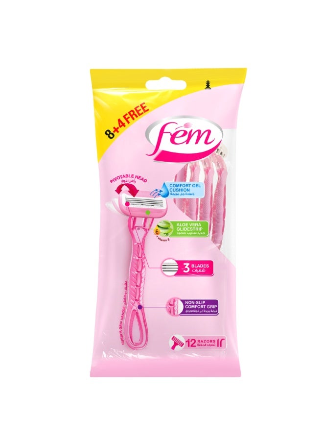 FEM Triple Blade Disposable Razors – (8+4 Razors) | Anti-Cut Design | Pivotable Head for Precision Shaving | Enriched with Aloe Vera for Soothing Skin | Triple Blade Design for Smooth Skin | Non-Slip Comfort Grip - Image 1