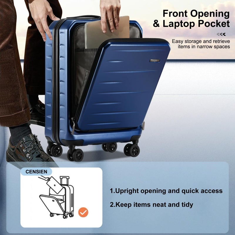 CENSIEN Carry On Luggage 22Ã—14Ã—9 Airline Approved, 20 Inch Lightweight ABS+PC Hard Shell Suitcases with Front Pocket, Spinner Wheels, TSA Lock (Navy Blue, 1PC) - Image 2