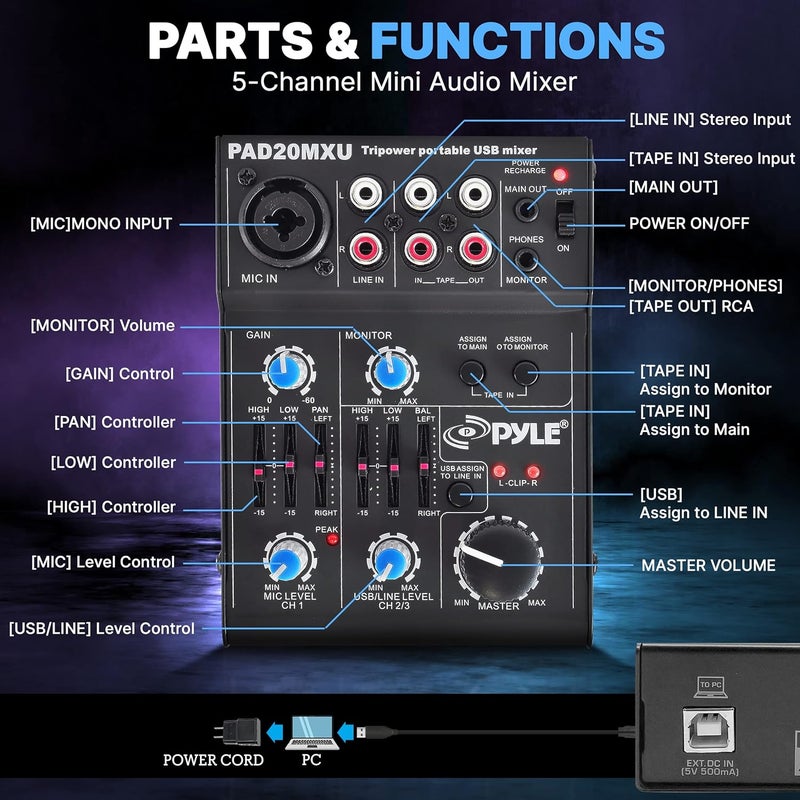 Pyle 5-Channel Rechargeable Mini Portable Audio Mixer – Compact Music Mixer DJ Controller with USB Interface, Slider EQ Controls, XLR Combo Mic Input, Rechargeable Battery, USB/Line/Master Controls - Image 2