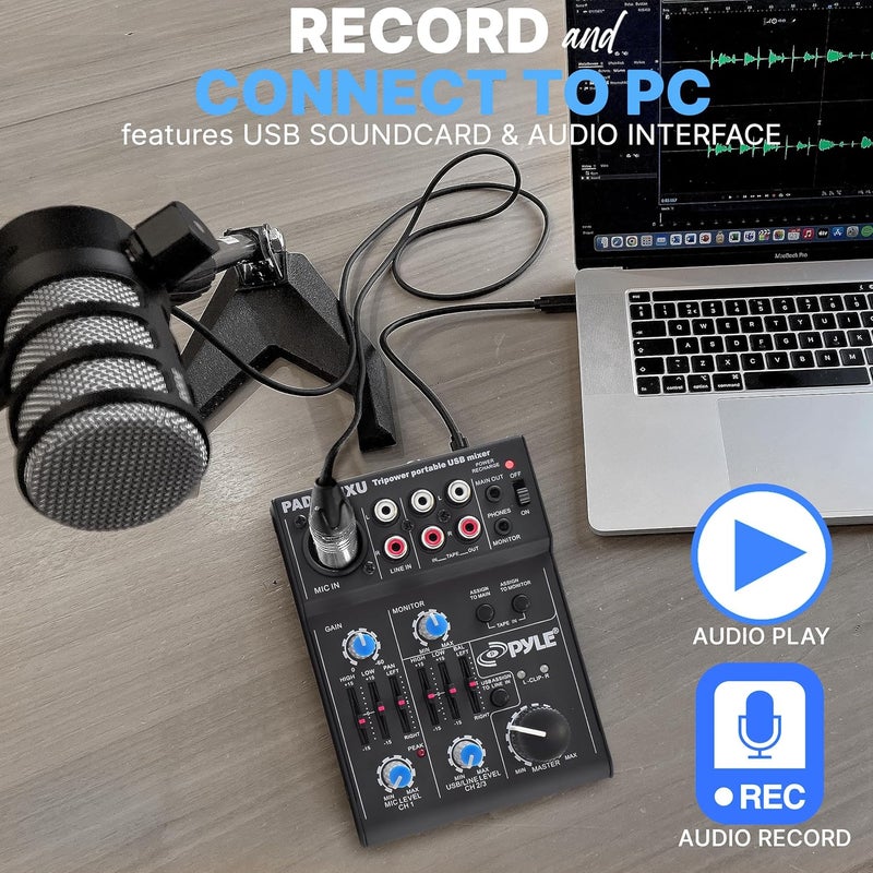 Pyle 5-Channel Rechargeable Mini Portable Audio Mixer – Compact Music Mixer DJ Controller with USB Interface, Slider EQ Controls, XLR Combo Mic Input, Rechargeable Battery, USB/Line/Master Controls - Image 4