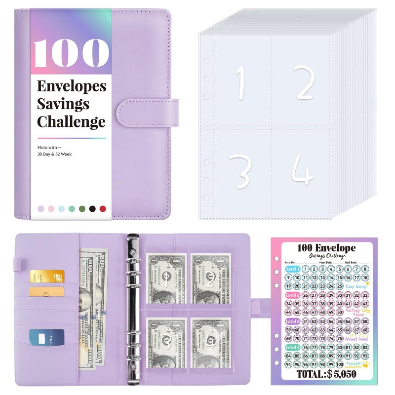Sooez 100 Envelopes Money Saving Challenge, Savings Challenges Book with Envelopes, Flexible Saving $5050, $2600, $300, Savings Binder with 100 Pocket Pre-number & Reusable Laminated Tracker - Image 1