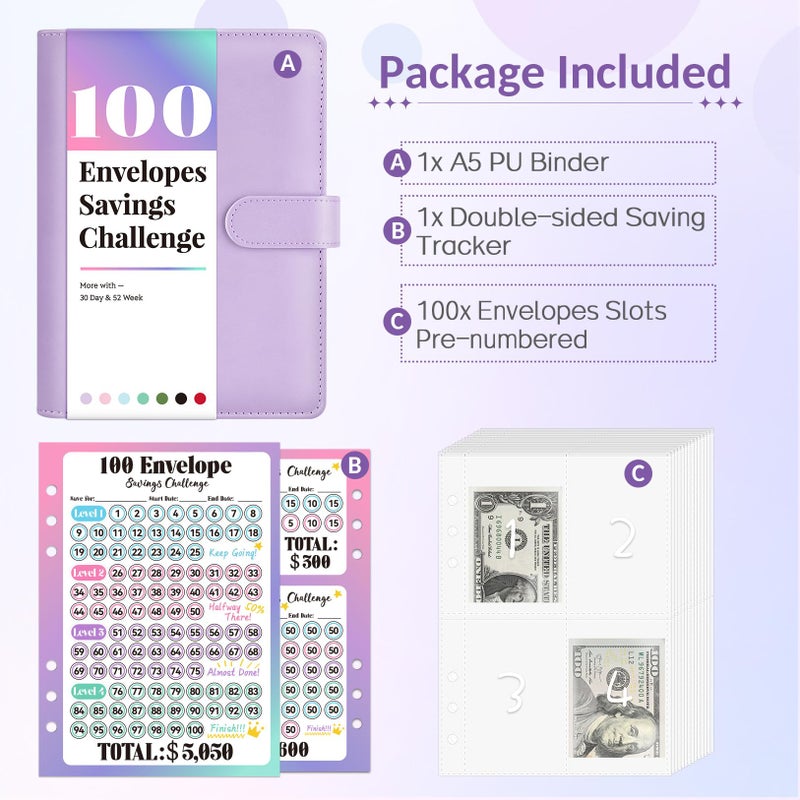 Sooez 100 Envelopes Money Saving Challenge, Savings Challenges Book with Envelopes, Flexible Saving $5050, $2600, $300, Savings Binder with 100 Pocket Pre-number & Reusable Laminated Tracker - Image 2