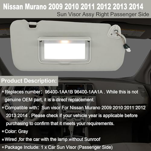 NHILES Right Passenger Side Sun Visor Fits for Nissan Murano 2009 2010 2011 2012 2013 2014 Replacement Sun Shade 964011AA1B Gray - Image 3