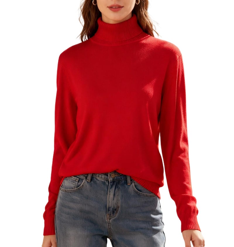 SANGTREE Women's Turtleneck Sweater Long Sleeve Casual Soft Knit Pullver Jumper Top Fall Sweater Red, Small - Image 1