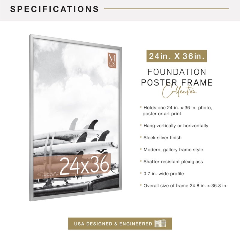MCS Foundation 24x36 Poster Frame Traditional Silver, Vertical & Horizontal Wall Hanging Large Picture Frame for Photos, Posters & Art Prints (1-Pack) - Image 4