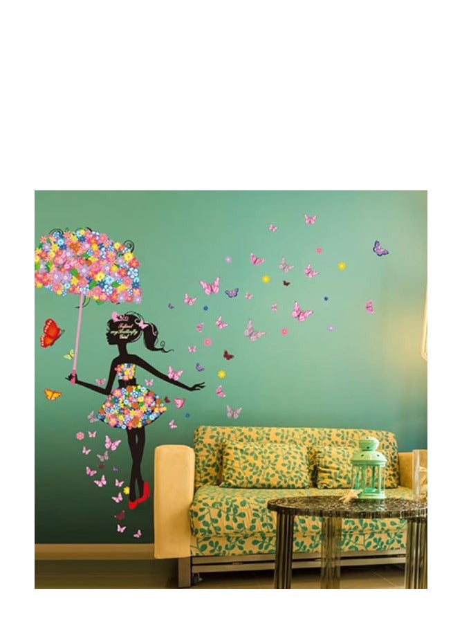 كول بيبي ملصق حائط فني قابل للإزالة من الفينيل بتصميم فتاة الزهور الجميلة مع مظلة لغرفة النوم - Image 4