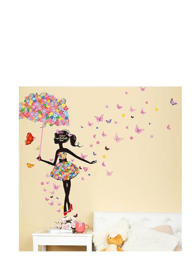 كول بيبي ملصق حائط فني قابل للإزالة من الفينيل بتصميم فتاة الزهور الجميلة مع مظلة لغرفة النوم - Image 1