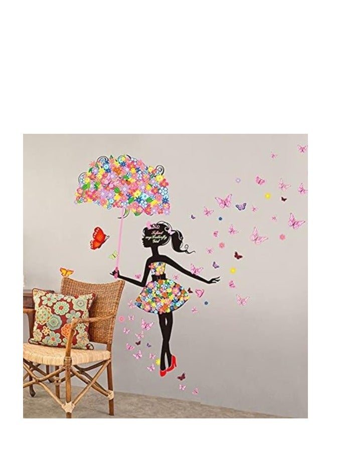 كول بيبي ملصق حائط فني قابل للإزالة من الفينيل بتصميم فتاة الزهور الجميلة مع مظلة لغرفة النوم - Image 2