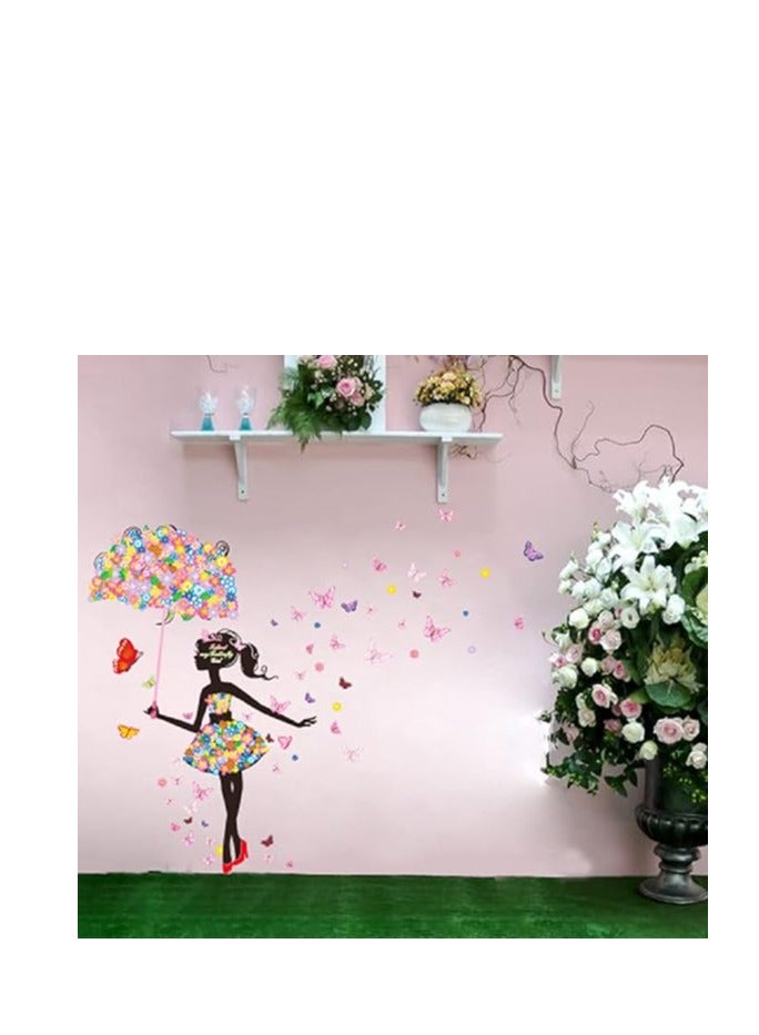 كول بيبي ملصق حائط فني قابل للإزالة من الفينيل بتصميم فتاة الزهور الجميلة مع مظلة لغرفة النوم - Image 3